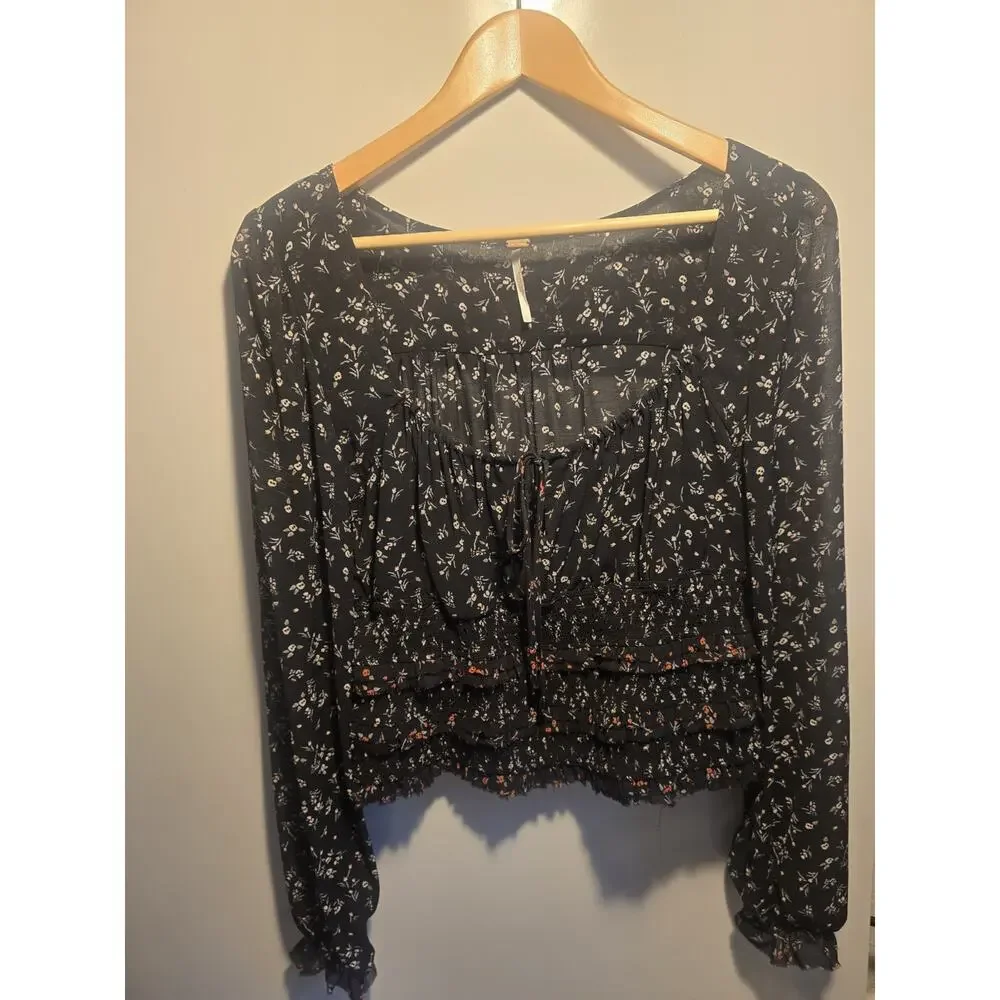 Free People Lolita Floral Smocked Blouse L Black Cottage Peasant Top Semi Sheer
